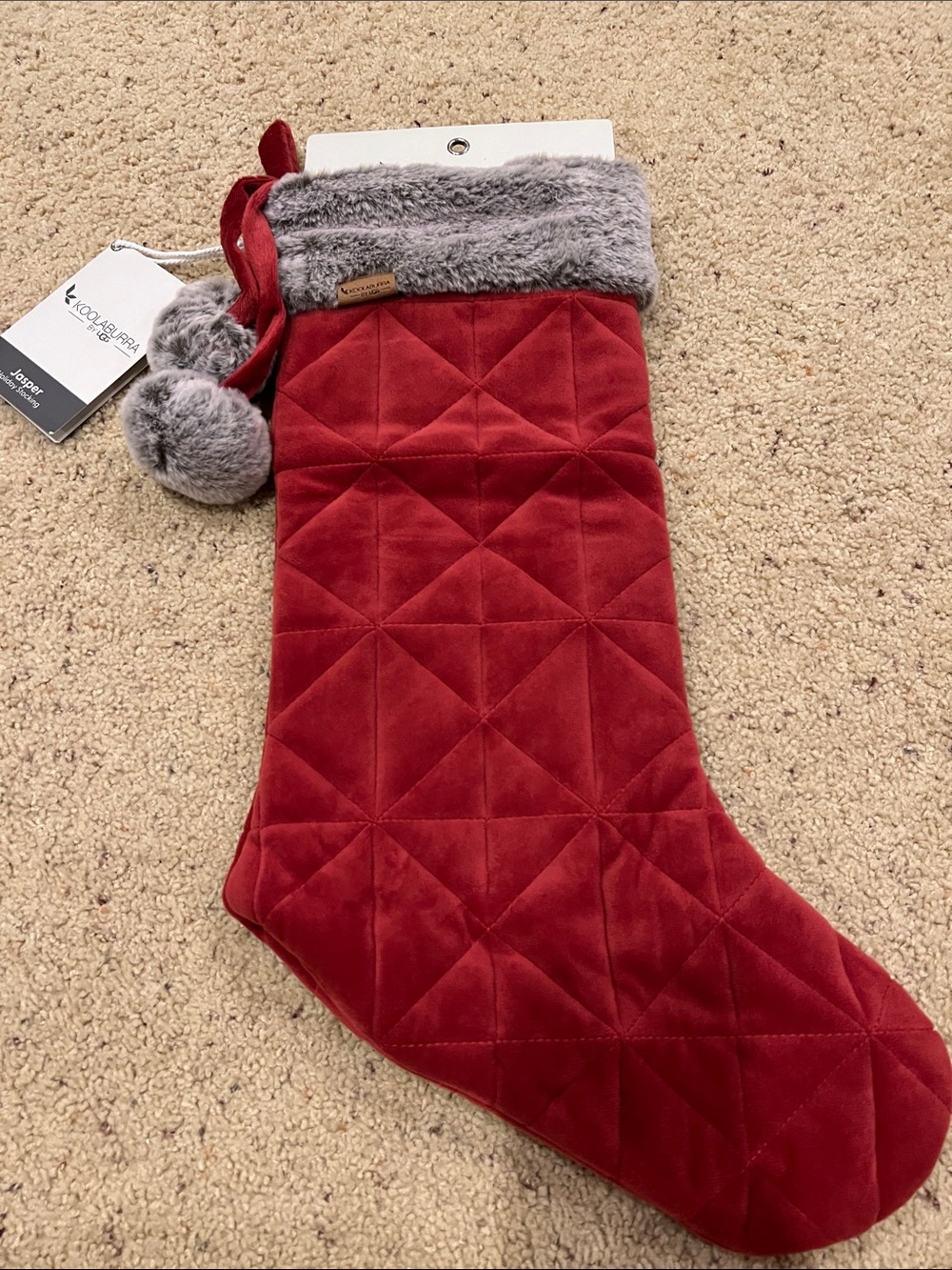 Koolaburra Red Quilted Velvet Holiday Stocking with Gray Faux Fur Cuff